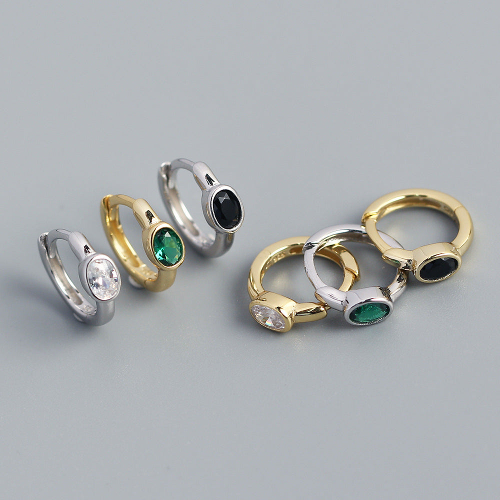 Minimalist 925 Sterling Silver Oval Geometric Cubic Zirconia Inlay Hoop Earrings for Women