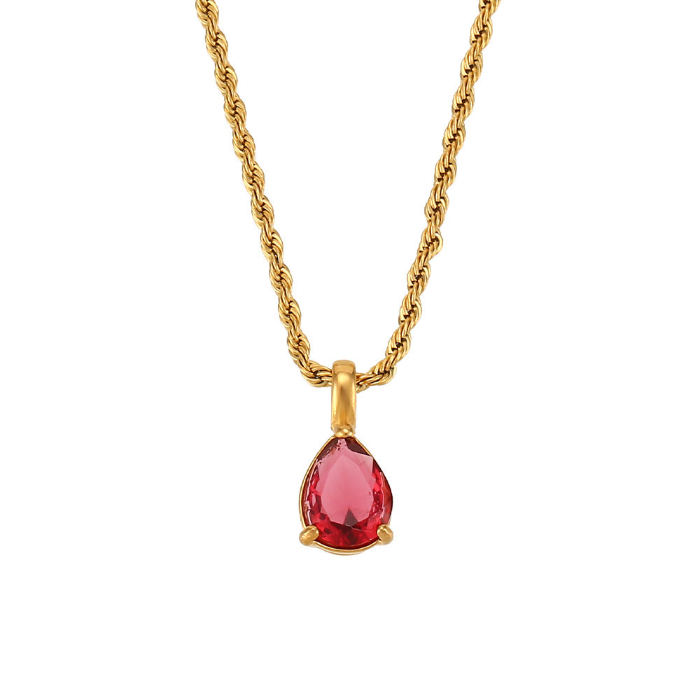 Fashionable Vintage Geometric Stainless Steel Twisted Rope Necklace with Teardrop Rhinestone Pendant for Women