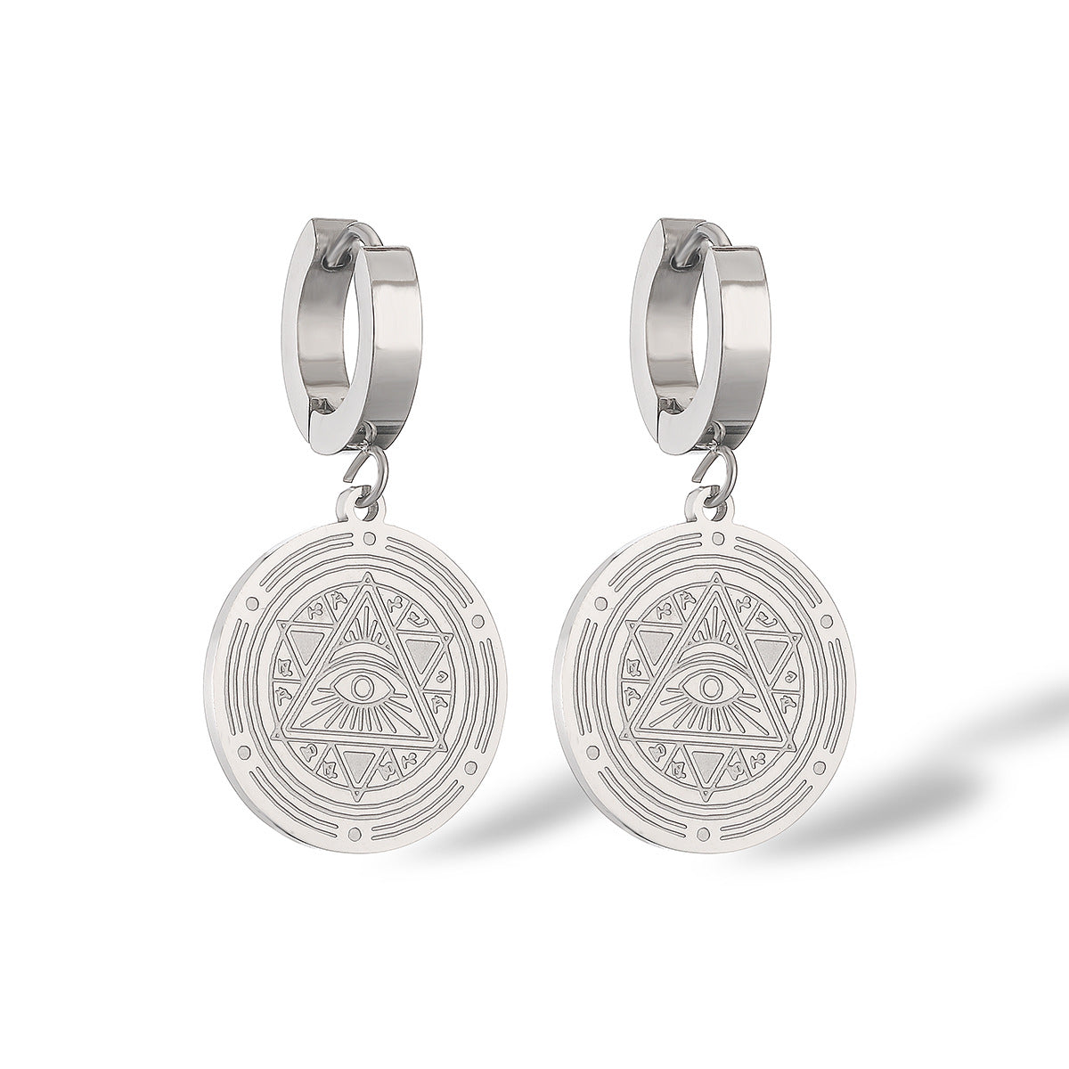 Orecchini rotondi geometrici minimalisti con occhio di Horus in acciaio al titanio, design vintage e alla moda da donna