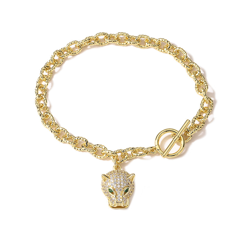 Hip Hop Style Leopard Head Pendant Bracelet for Women Made of Brass with 18K Gold Plating and Zircon Inlay