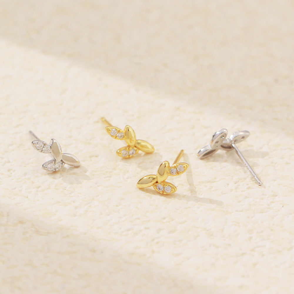 Sweet Minimalist Leaf Shaped 925 Sterling Silver Plated Cubic Zirconia Stud Earrings for Women