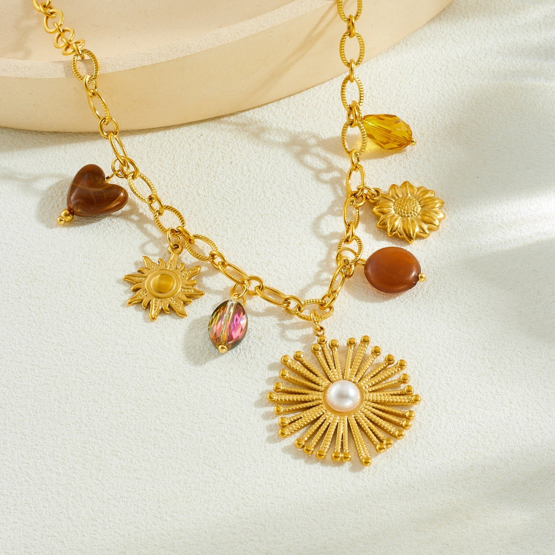 Vintage Gold Plated Stainless Steel Floral Pearl Pendant Necklace Cable Chain