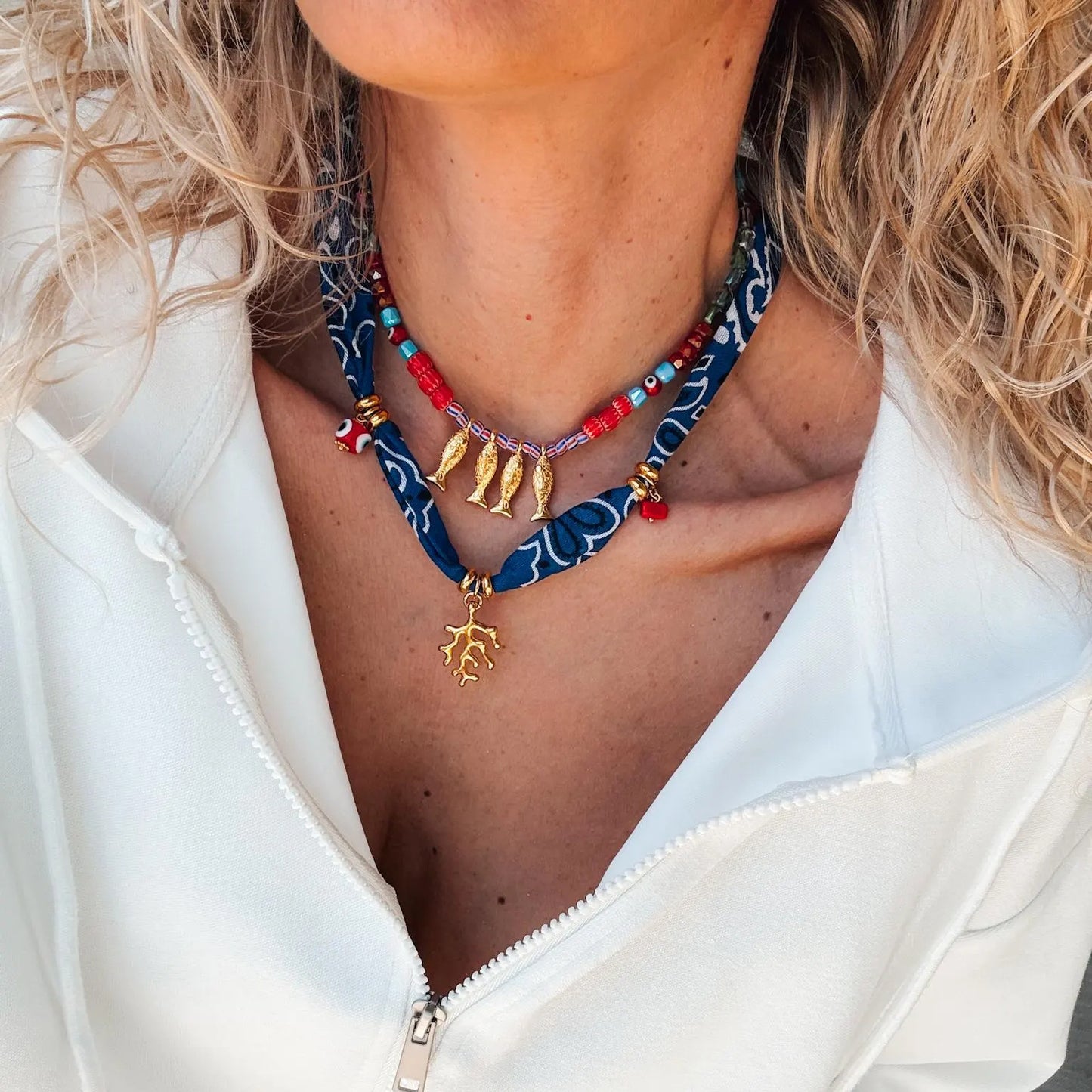 Dopamine Colorful Coral Fish Beaded Necklace for Women, Geometric Style Copper Pendant with Stainless Steel Charm, Electroplated Finish, Elegant Sweater Chain