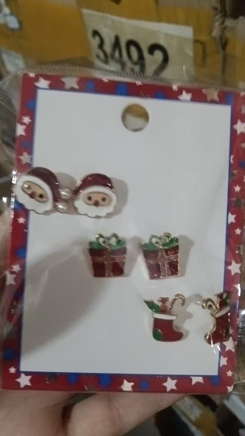 Juego de pendientes navideños para mujer con dijes esmaltados de Papá Noel y árbol, aretes de aleación con postes de oro de 14 quilates
