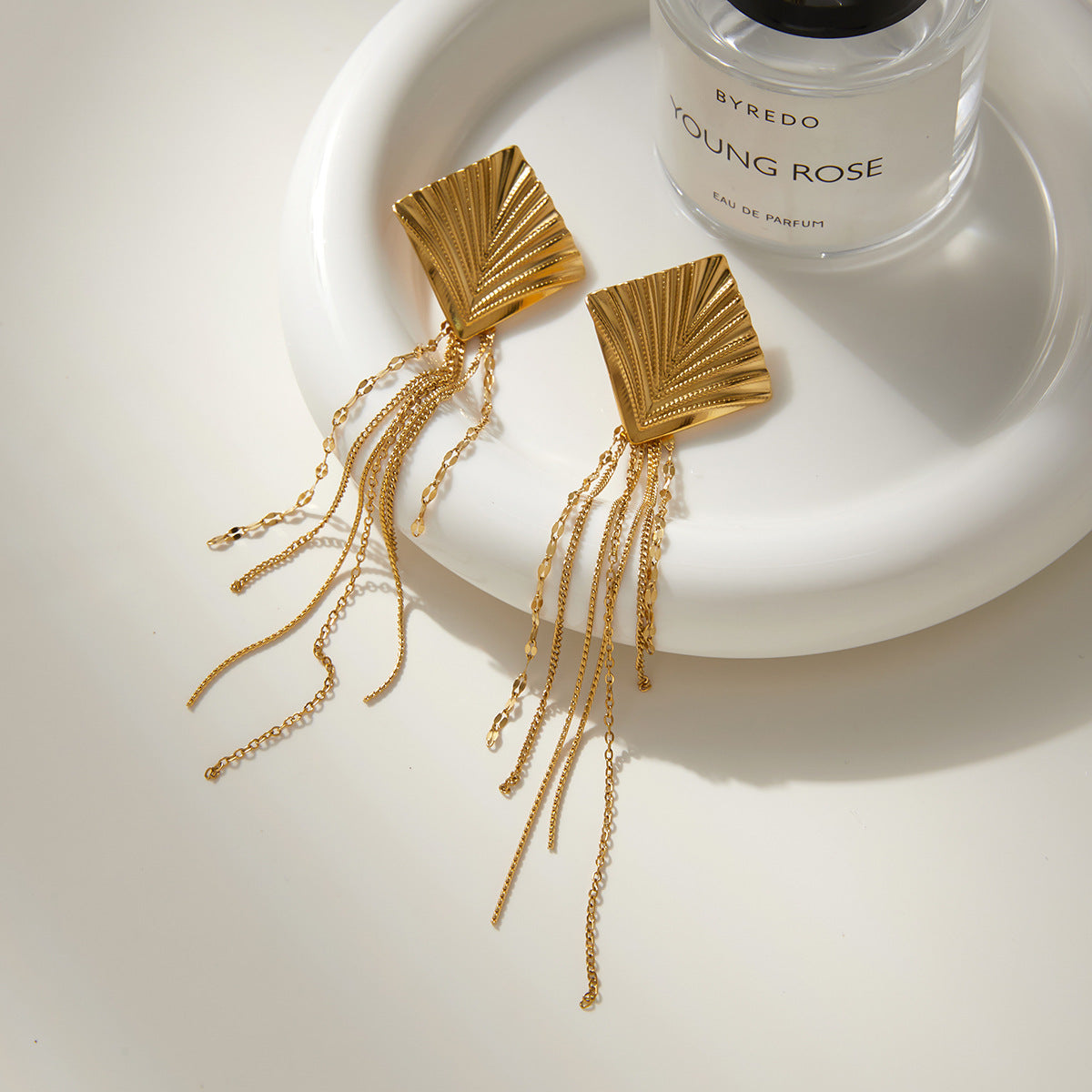 Aretes de lujo de acero inoxidable con borlas para mujer con forma geométrica y chapado en oro al vacío PVD