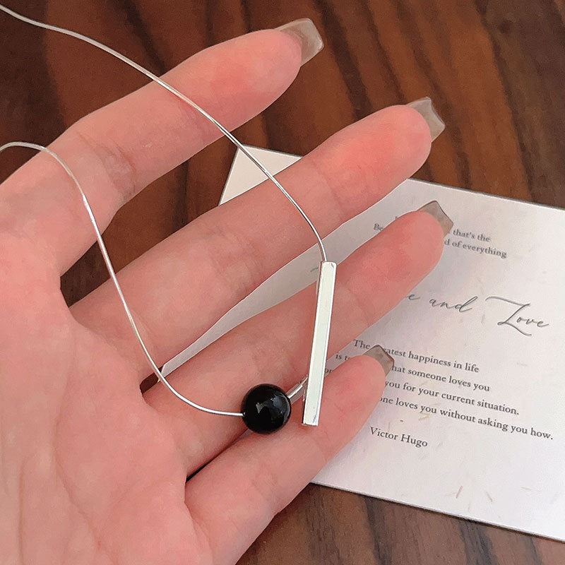 925 Sterling Silver Geometric Black Onyx Pendant Necklace for Women Minimalist Sweet Style