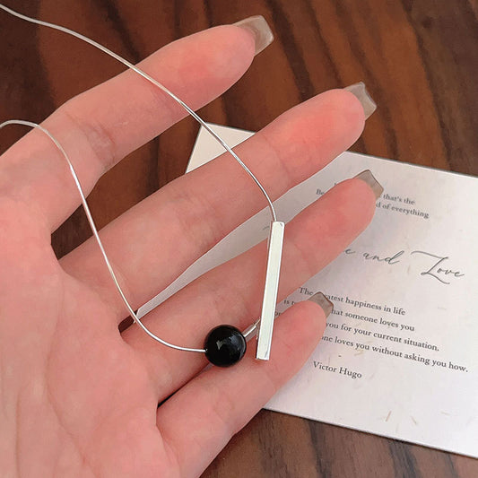 925 Sterling Silver Geometric Black Onyx Pendant Necklace for Women Minimalist Sweet Style