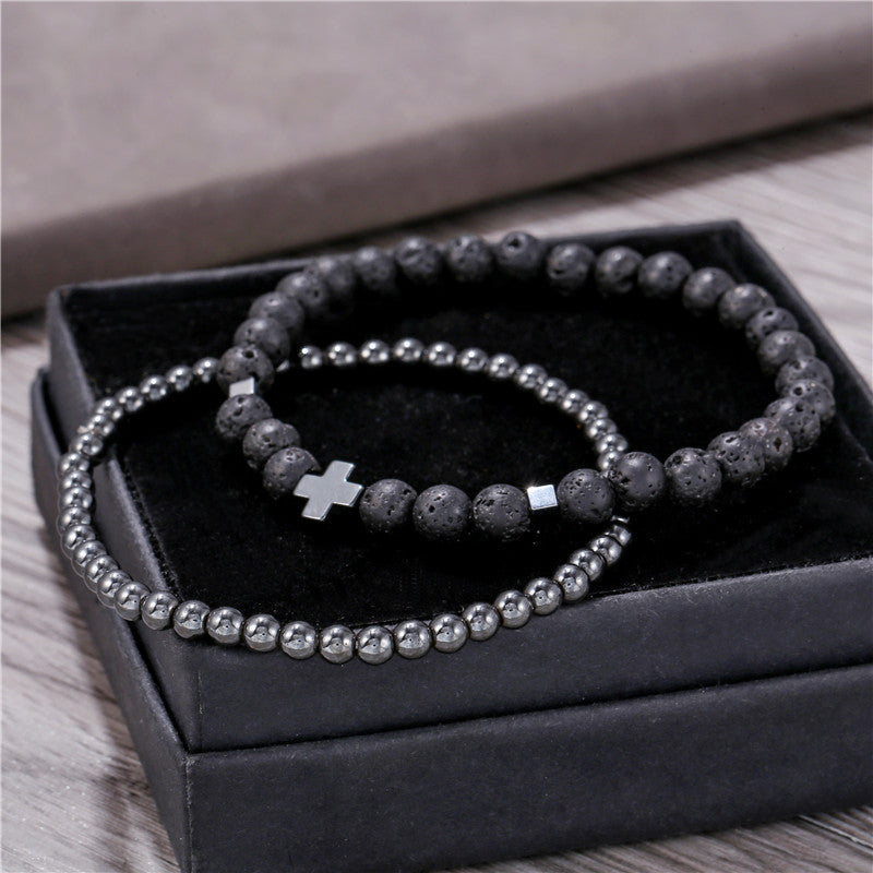 Fashion Geometric Hematite and Lava Stone Beaded Bracelet Set for Men and Women