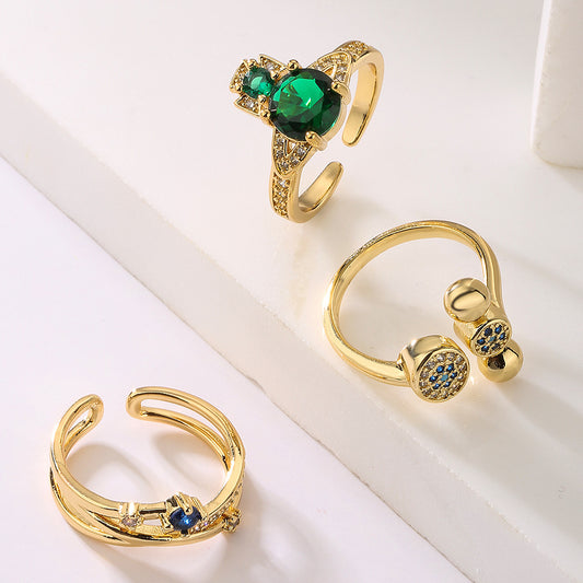Irregular Geometric Open Ring for Women Made of Brass with Real Gold Plating and Micro-Paved Zirconia