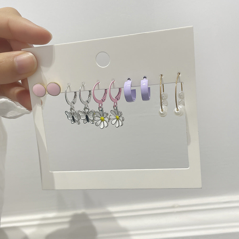 Sweet Minimalist Geometric Butterfly Drip Oil Alloy Earrings with Floral Elements