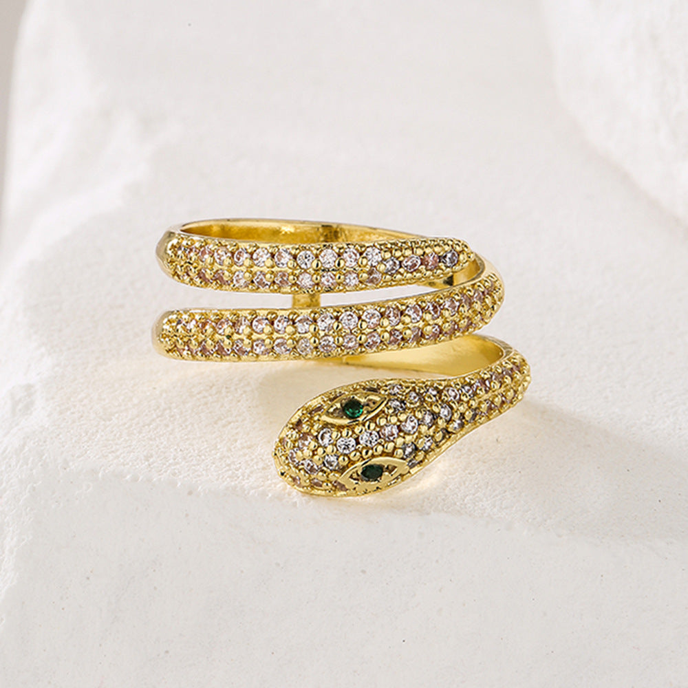 Fashionable Snake-Shaped Geometric Ring for Women Made of Brass with Real Gold Plating and Micro-Pavé Zirconia