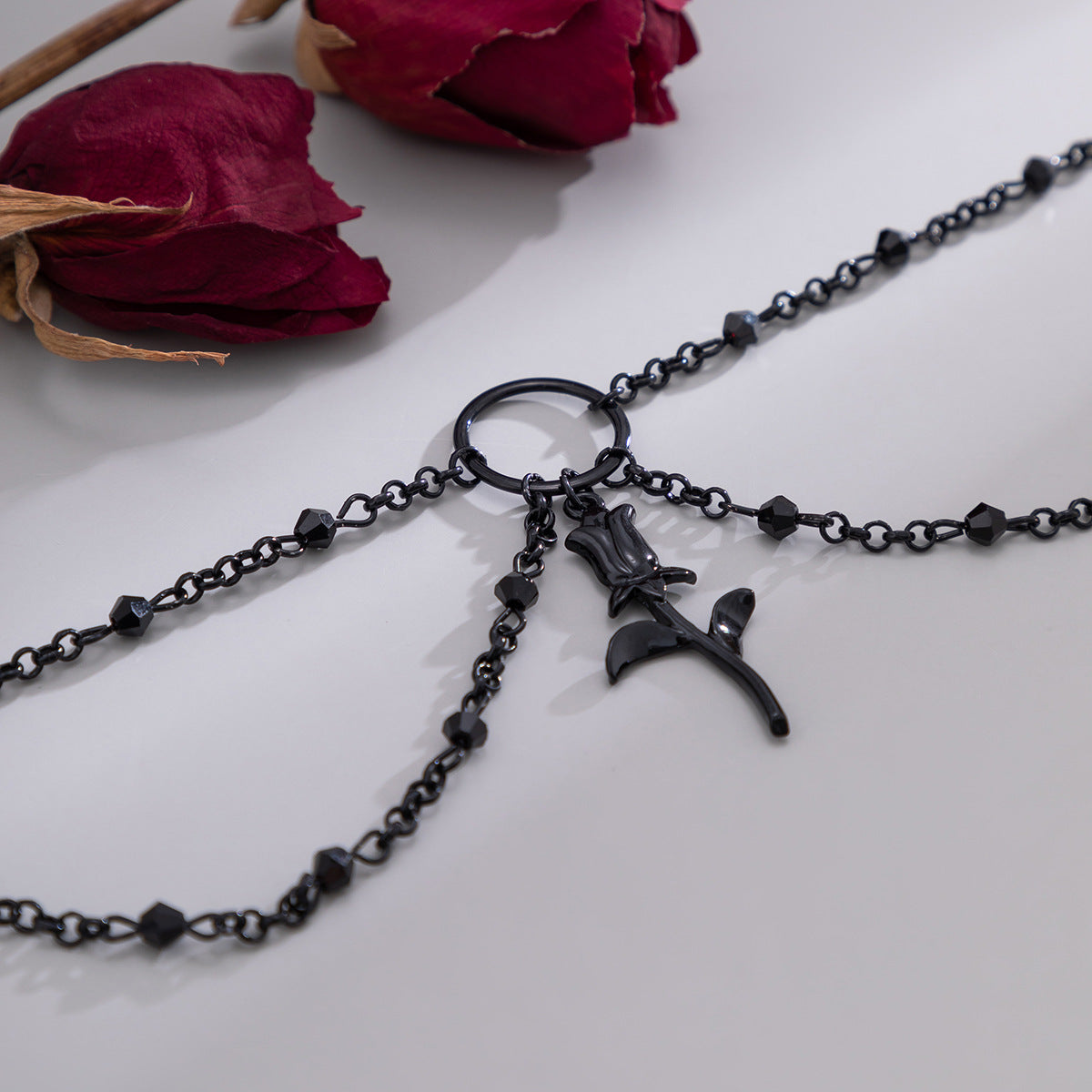 Gothic Dark Sweet and Cool Alloy Choker Necklace with Rose Pendant Geometric Shape Enamel Finish and Fringe Detail