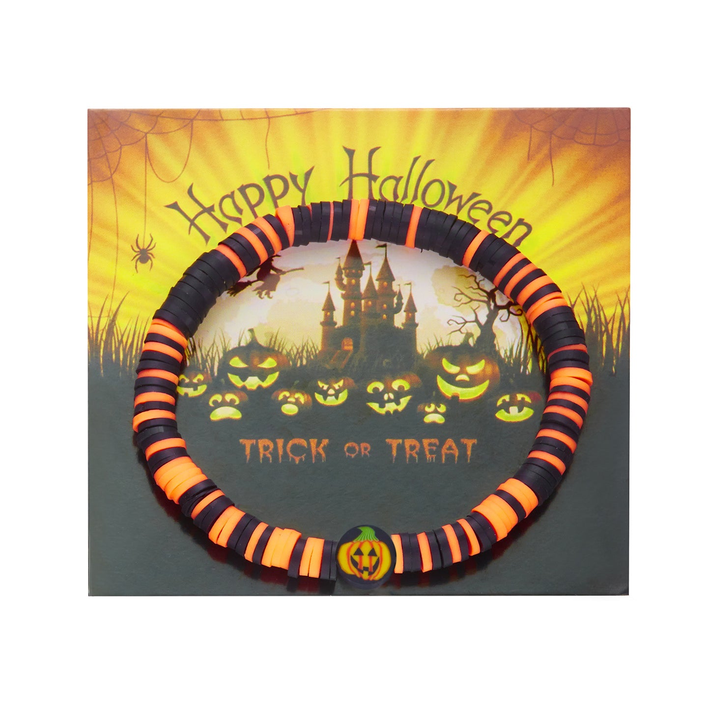Set di braccialetti elastici con perline in argilla polimerica stile bohémien con motivi di zucca e teschio per Halloween