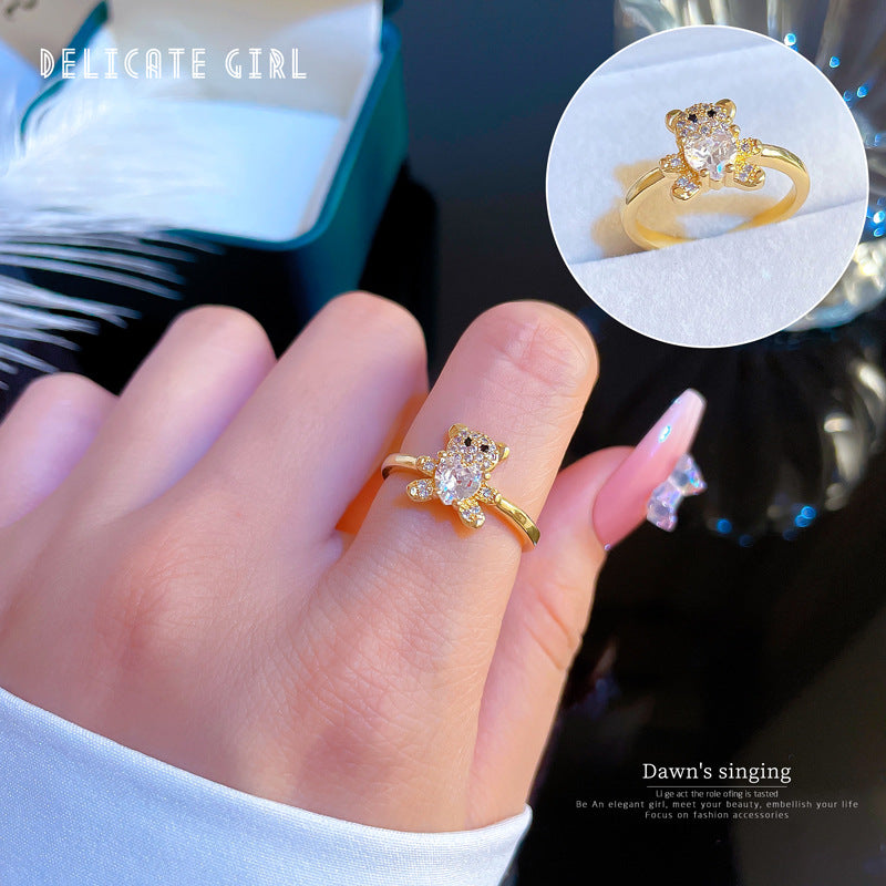 Luxury Minimalist Plated Brass Crown Rhinestone Adjustable Ring for Women