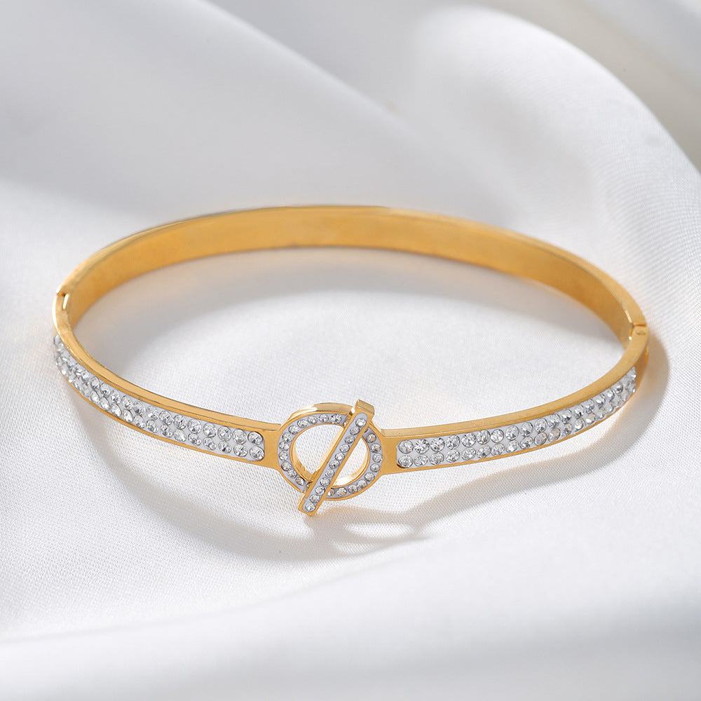 Minimalist Geometric Round Titanium Steel Plated Rhinestone Open Cuff Bracelet for Women