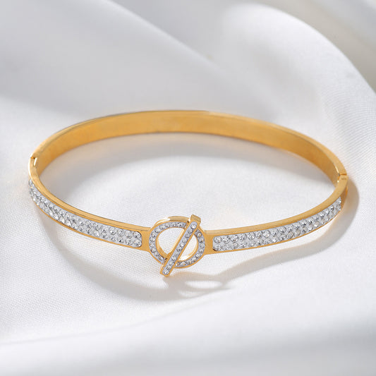 Minimalist Geometric Round Titanium Steel Plated Rhinestone Open Cuff Bracelet for Women