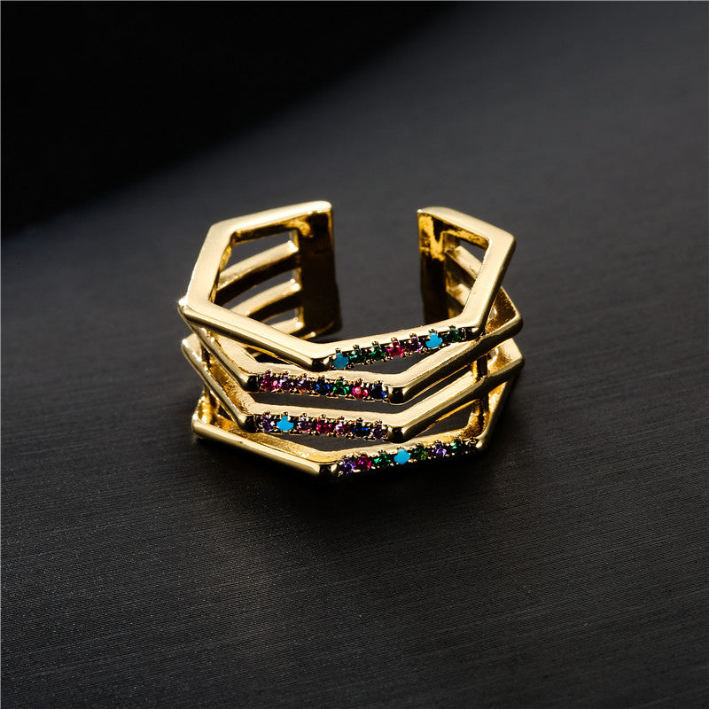 Anello Aperto Geometrico da Donna in Rame con Placcatura in Oro 18K e Dettagli in Zirconia Micro-Pave