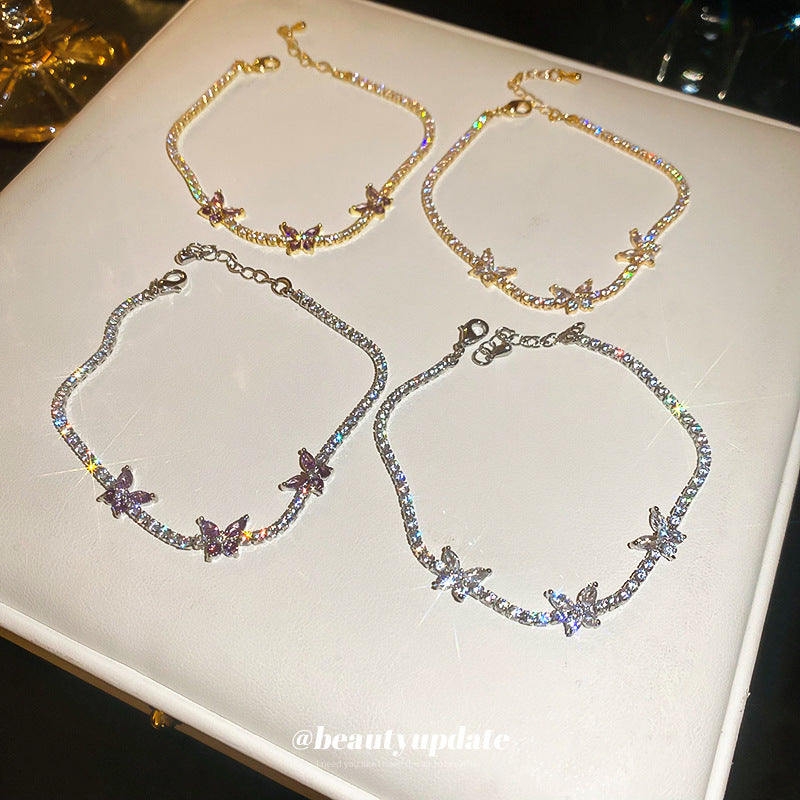 Luxury Floral Bracelet with Zircon Inlay for Women, Elegant Fashion Hand Chain with Butterfly Motif