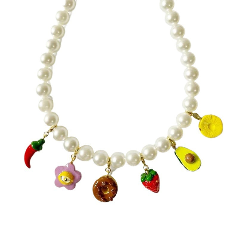 Vintage 18K Gold Plated Fruit Plant Titanium Steel Charm Bar Necklace
