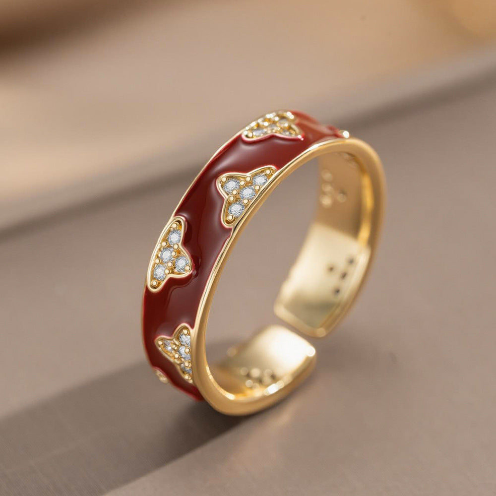 Fashion Luxury Geometric Irregular Enamel Zircon 18K Gold Plated PVD Copper Open Ring for Unisex