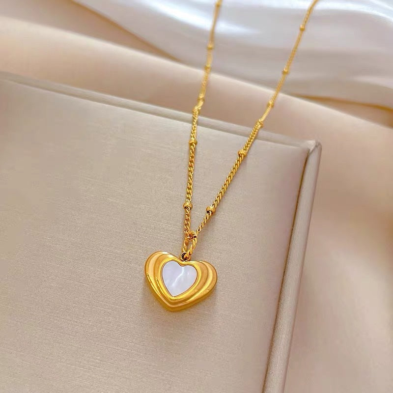 Minimalist Heart-Shaped Mother-of-Pearl Pendant Necklace in Titanium Steel with Plated Finish for Women and Men
