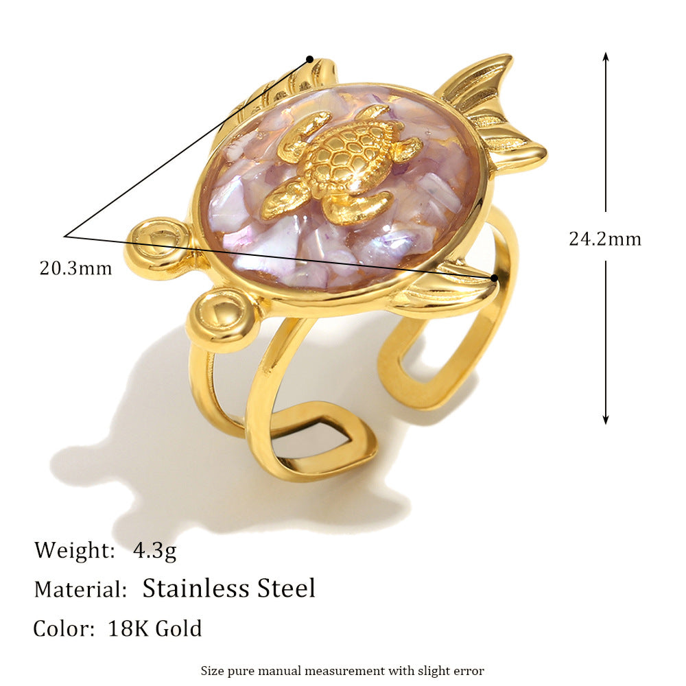 Fashion Geometric Stainless Steel Ring with 18K Gold Plating Featuring Crossed Lines Fishbone Floral Crab and Turtle Motifs