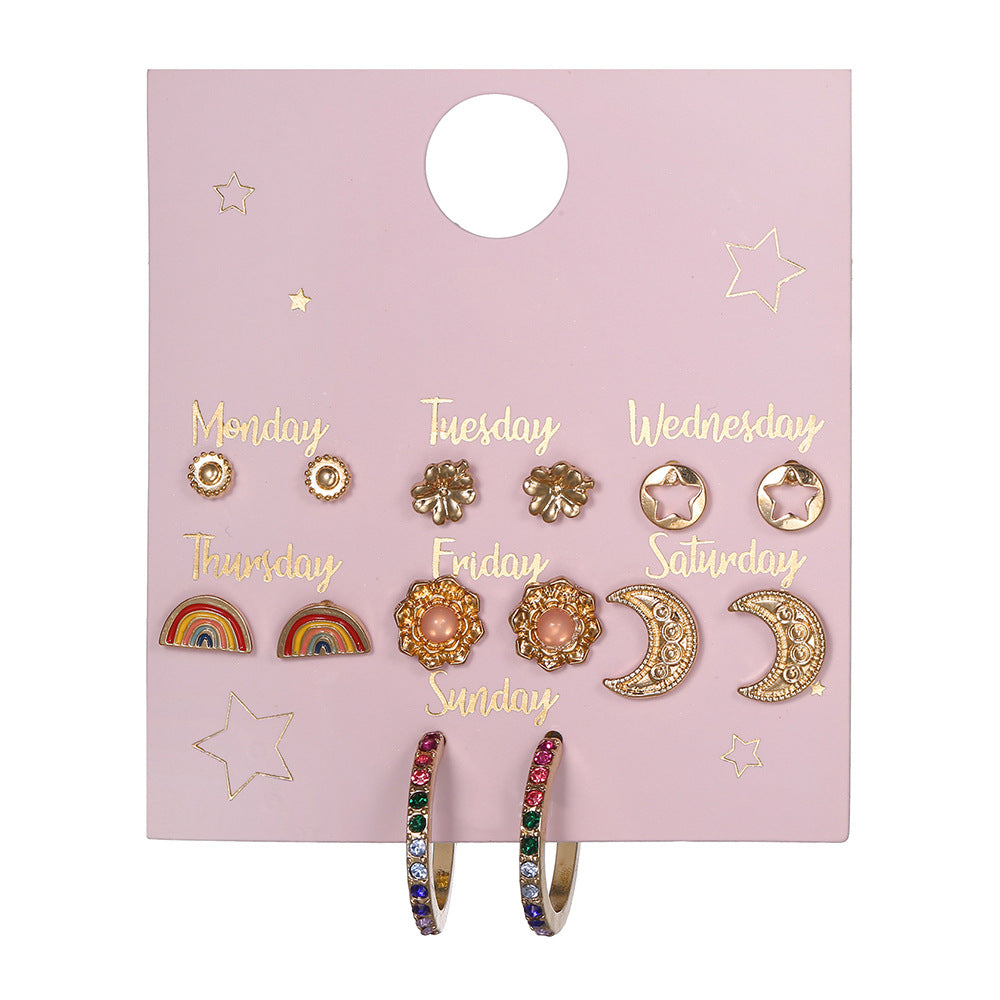 Minimalist Sweet Geometric Floral Rhinestone Inlay Alloy Stud Earrings Set with Stainless Steel Posts