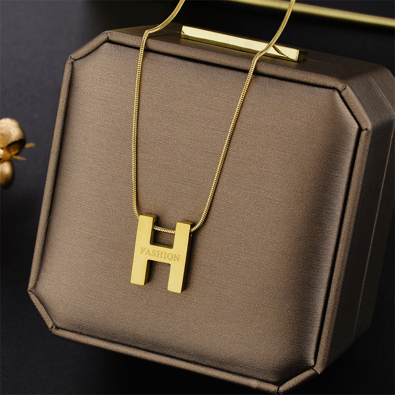 Minimalist Letter H Pendant Necklace in Titanium Steel with Plated Finish for Women