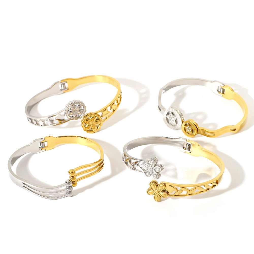 Minimalist Asymmetrical Stainless Steel Bracelet with Gold Plating Featuring Floral and Star Motifs and Linear Design