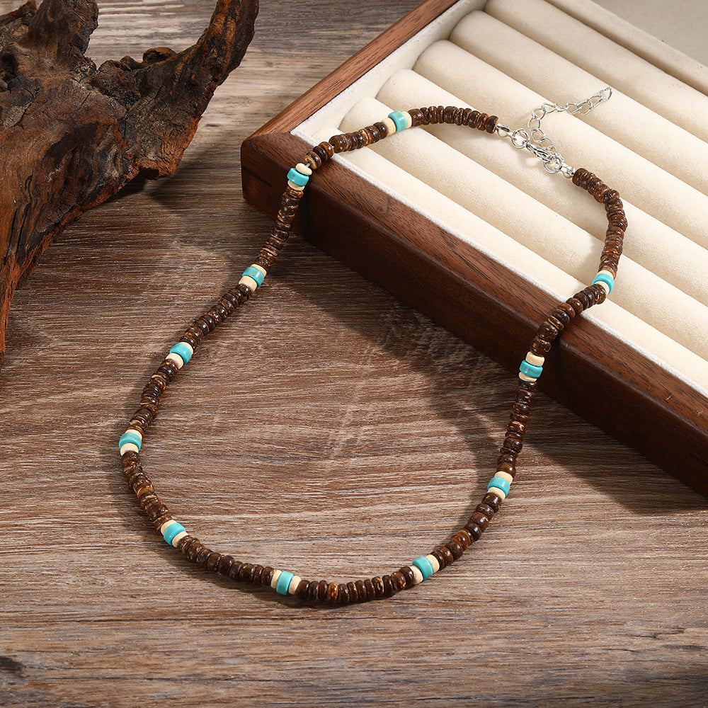 Punk Geometric Round Turquoise Beaded Necklace Stainless Steel Ball Chain Unisex