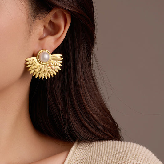 Vintage Stainless Steel Fan-Shaped Pearl-Inlaid Minimalist Earrings for Women