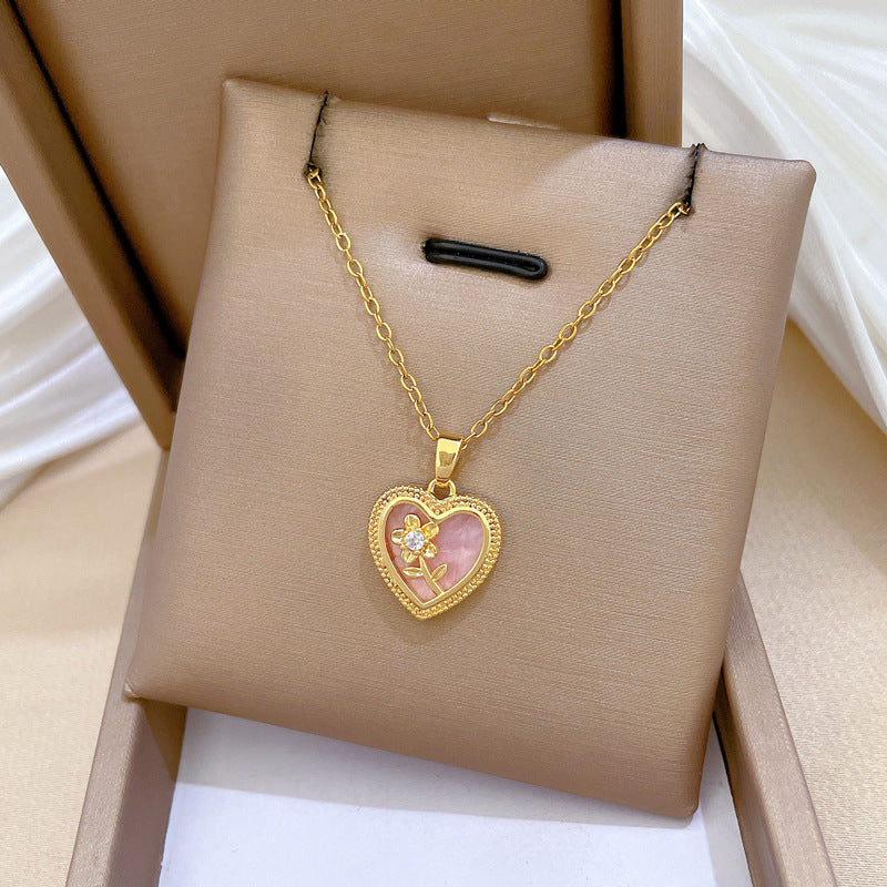 Encantador collar con colgante floral en forma de corazón para mujer, de acero inoxidable, minimalista, elegante, cadena para clavícula con detalles de diamantes de imitación