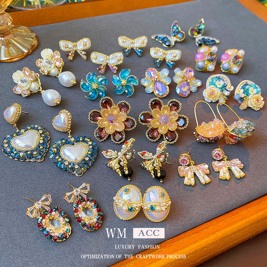 Baroque Style Floral Shaped Rhinestone Earrings with Stainless Steel Posts for Women