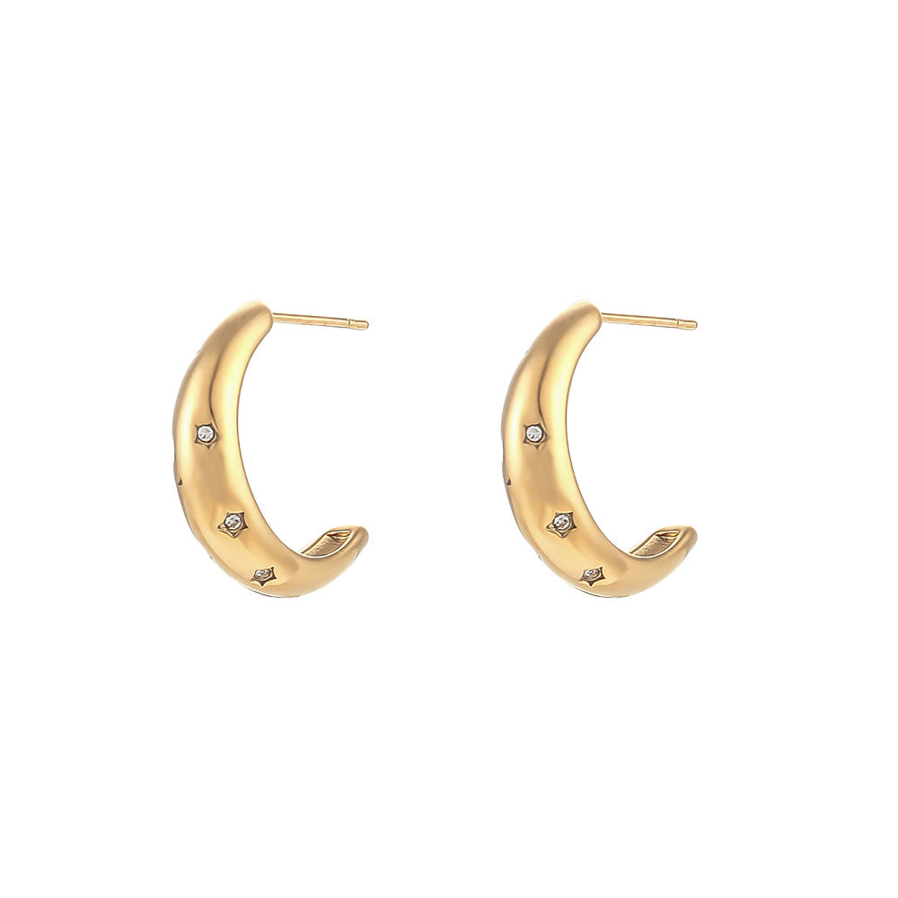 Orecchini geometrici in acciaio inossidabile alla moda con placcatura in oro 18 carati, design cavo a C micro-pavé da donna