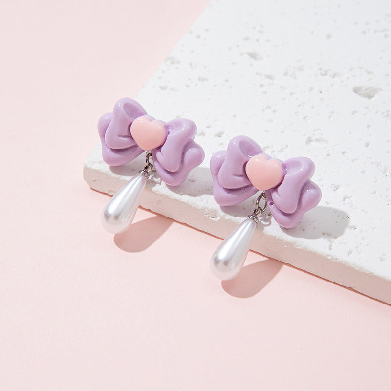 Orecchini a perno con perla a forma di fiocco, dolci e minimalisti, gioielli per bambine alla moda