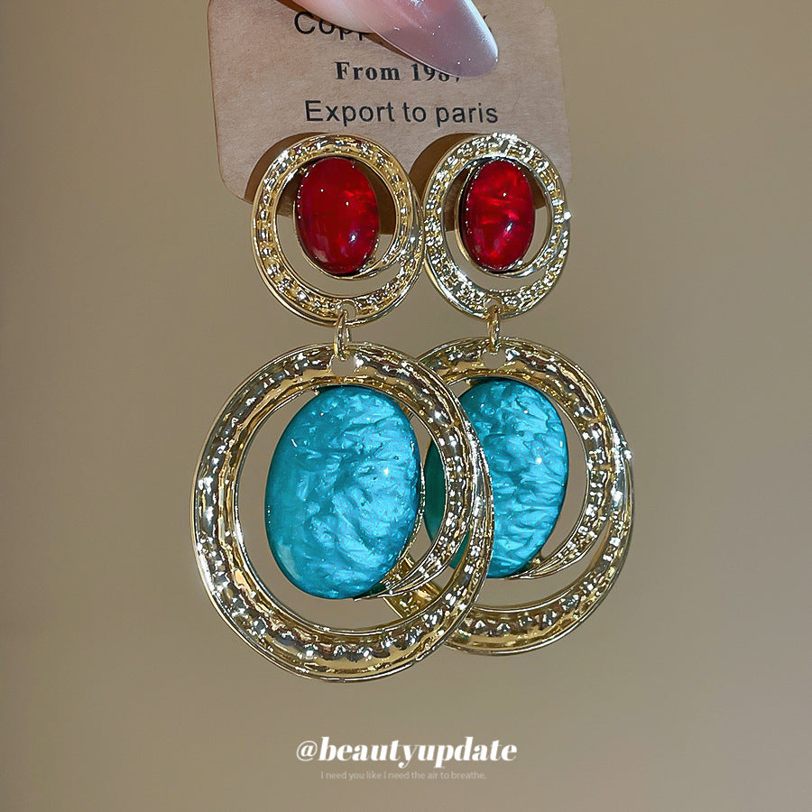 Pendientes de botón ovalados de resina, estilo étnico vintage, con diseño geométrico y postes de acero chapado en oro para mujer