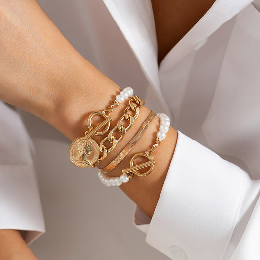 Minimalist Geometric Irregular Pearl Beaded Snake Chain Bracelet Alloy Plated Jewelry Set for Women