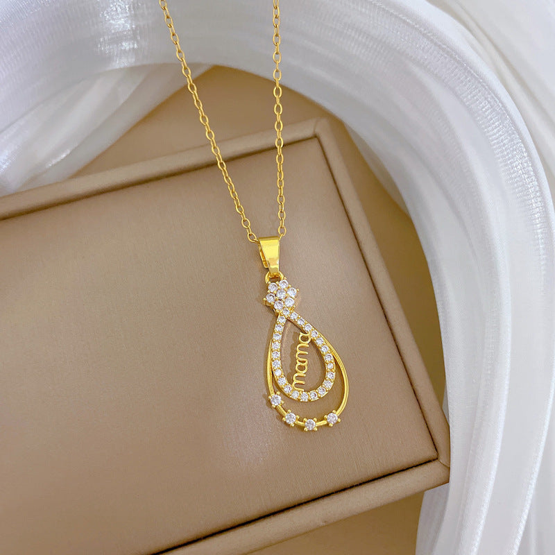 Collar con Colgante de Gota de Agua Estilo Dibujo Animado para Mujer, Cadena de Acero Inoxidable Minimalista con Camafeo y Detalles Completos de Diamantes de Imitación
