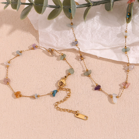 Minimalist Geometric Stainless Steel Necklace with 18K Gold Plating and Natural Stone Accents for Women