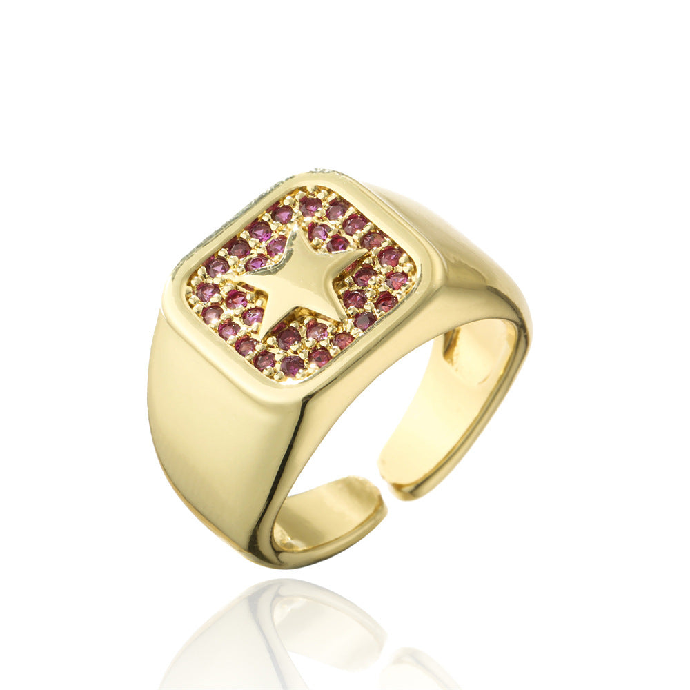 Punk Style Geometric Star-Shaped Copper Ring with 18K Gold Plating and Micro-Pave Zirconia