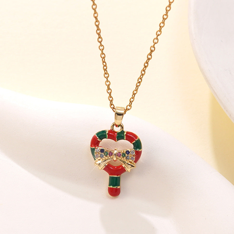 Luxury Stainless Steel Christmas Tree Snowman Bow Necklace with Glass Inlay Brass Pendant for Women