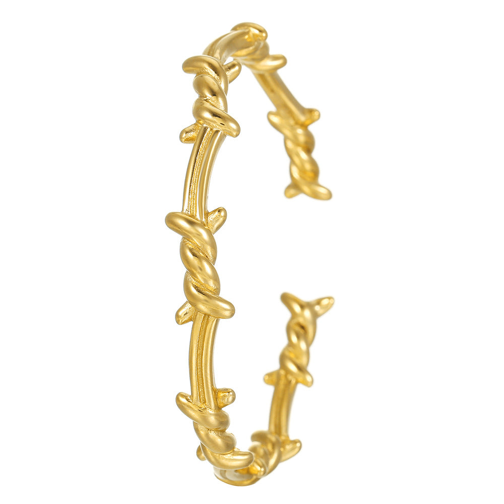 Luxury 18K Gold Plated Geometric Round Stainless Steel Titanium Steel Open Cuff Bracelet with Rivet Details for Men and Women
