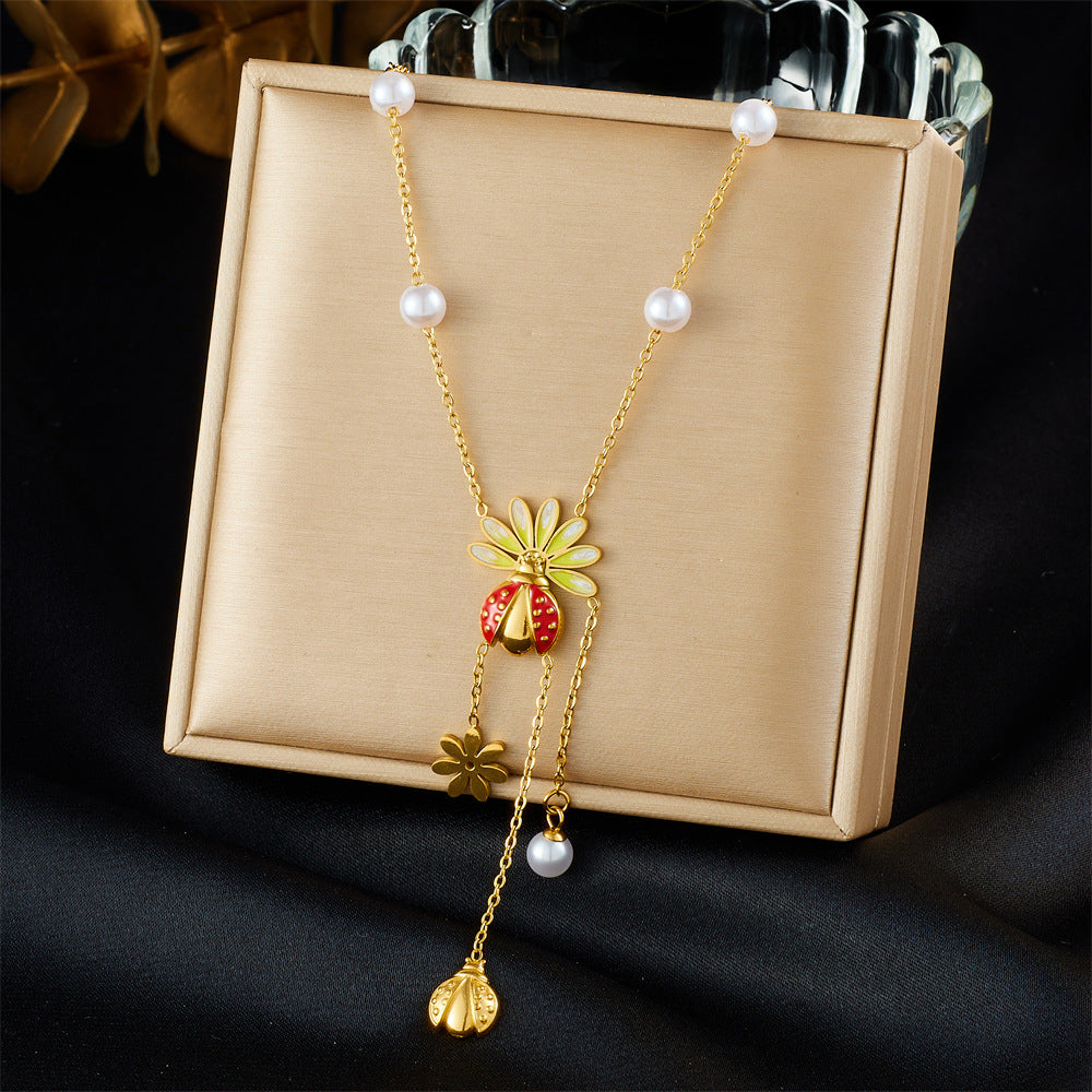 Cute Cartoon Ladybug Drip Oil Yellow White Gradient Pearl Tassel Necklace and Earring Set for Women