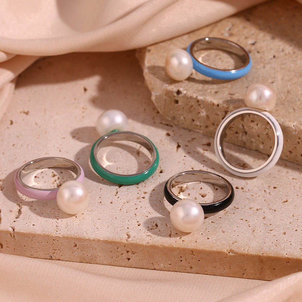 Minimalist Geometric Stainless Steel Plated Ring for Women with Enamel Finish