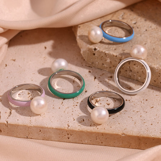 Anello placcato in acciaio inossidabile geometrico minimalista da donna con finitura smaltata