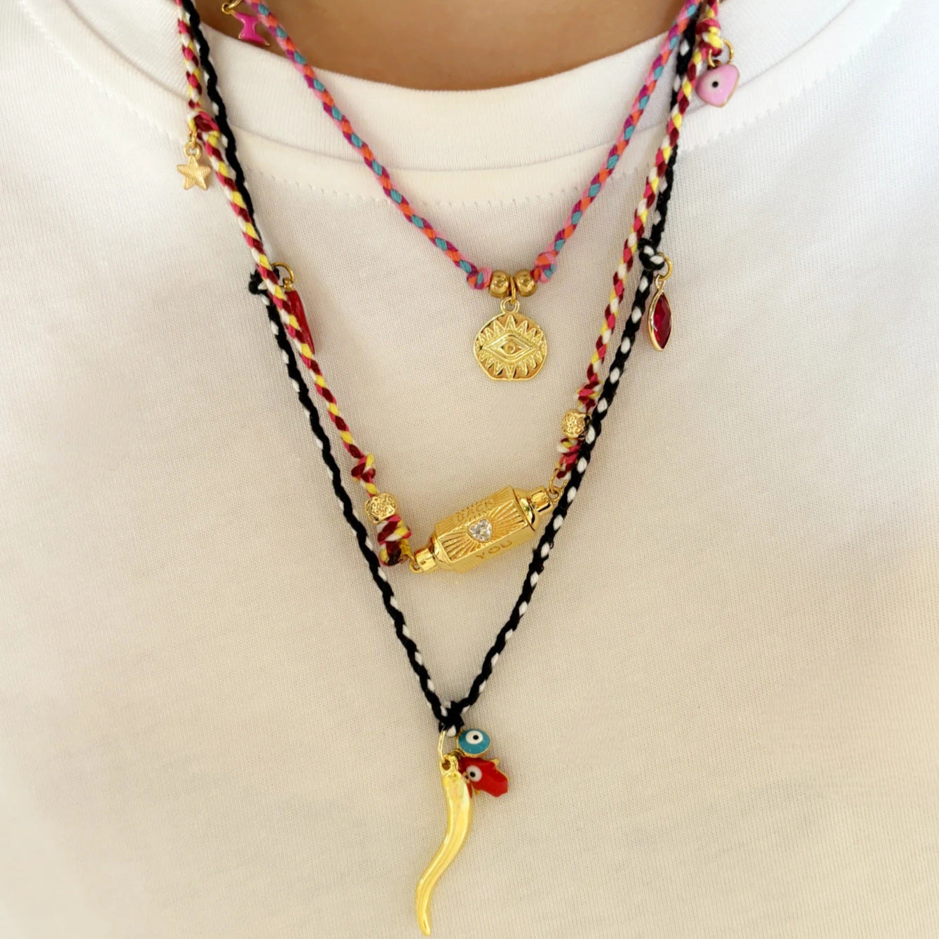 Vintage Geometric Pepper Evil Eye Pendant Necklace in Plated Copper with Adjustable Cotton Cord