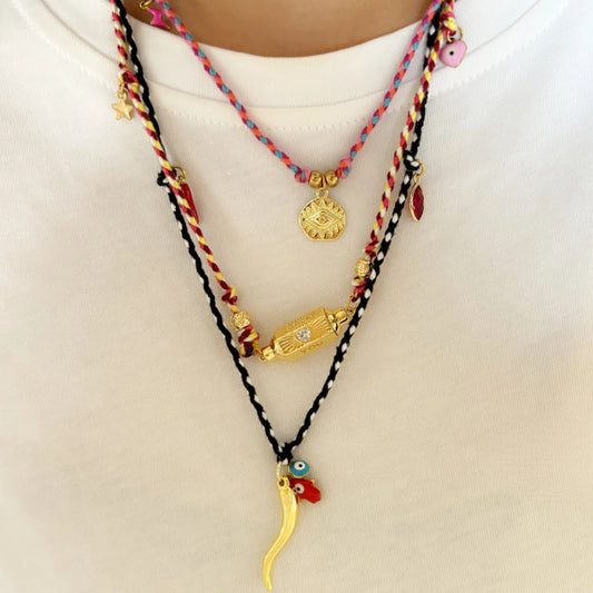 Vintage Geometric Pepper Evil Eye Pendant Necklace in Plated Copper with Adjustable Cotton Cord