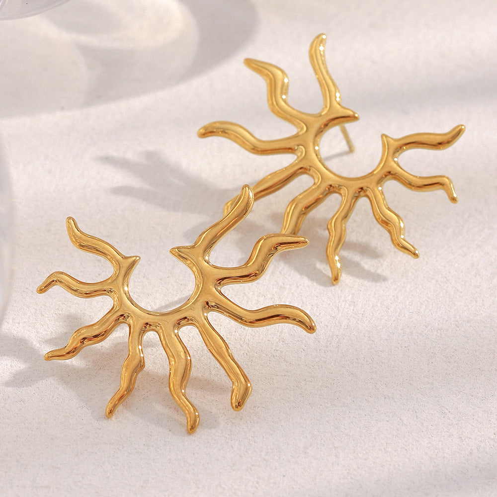 Minimalist Geometric Stainless Steel 18K Gold Plated Sun Ray Earrings for Women