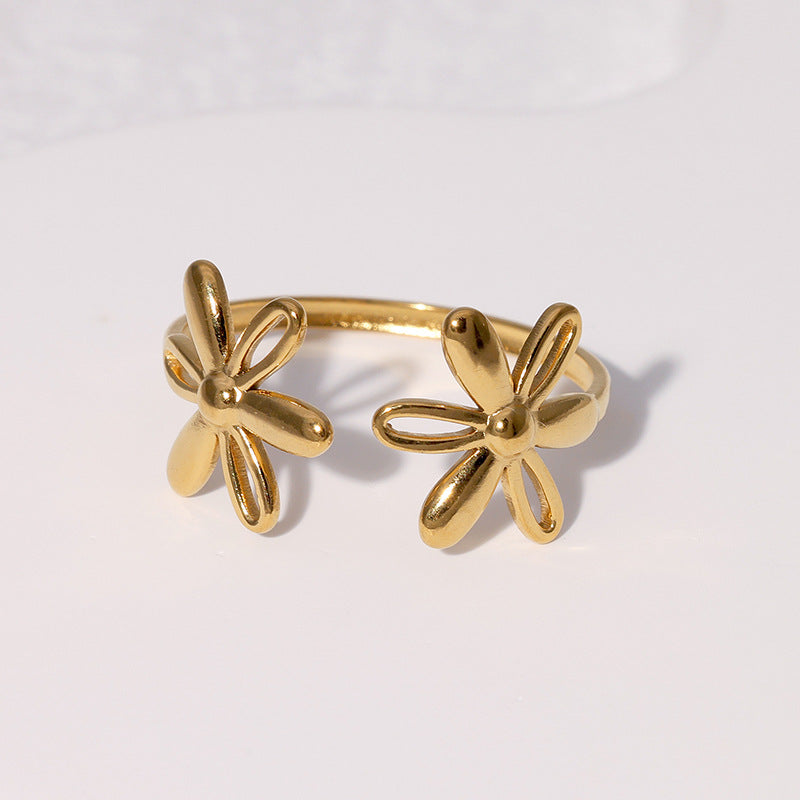Minimalist Daisy Floral Open Adjustable Ring in Stainless Steel with Plated Finish for Women