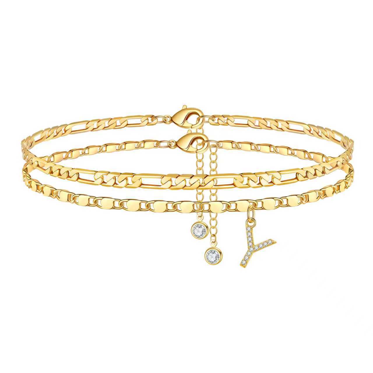 Bohemian Gold Plated Alloy Letter Cubic Zirconia Figaro Chain Anklet for Women